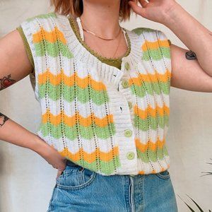 vintage soft knit yellow and green spring button up sweater vest
